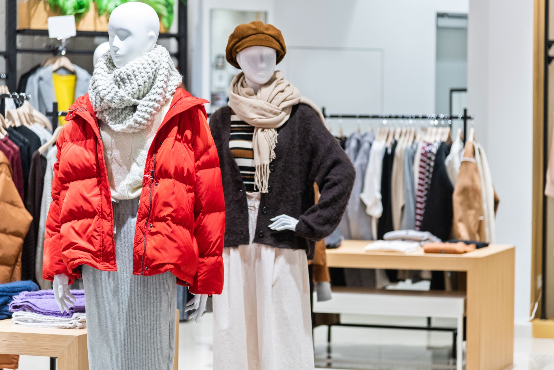 Winter clothes in modern clothing store